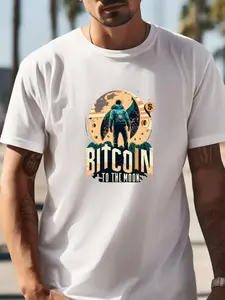 Men's Slim Fit Cotton T-Shirt with Bitcoin Moon Print - Casual, Lightweight & Comfortable Round Neck Tee for Summer