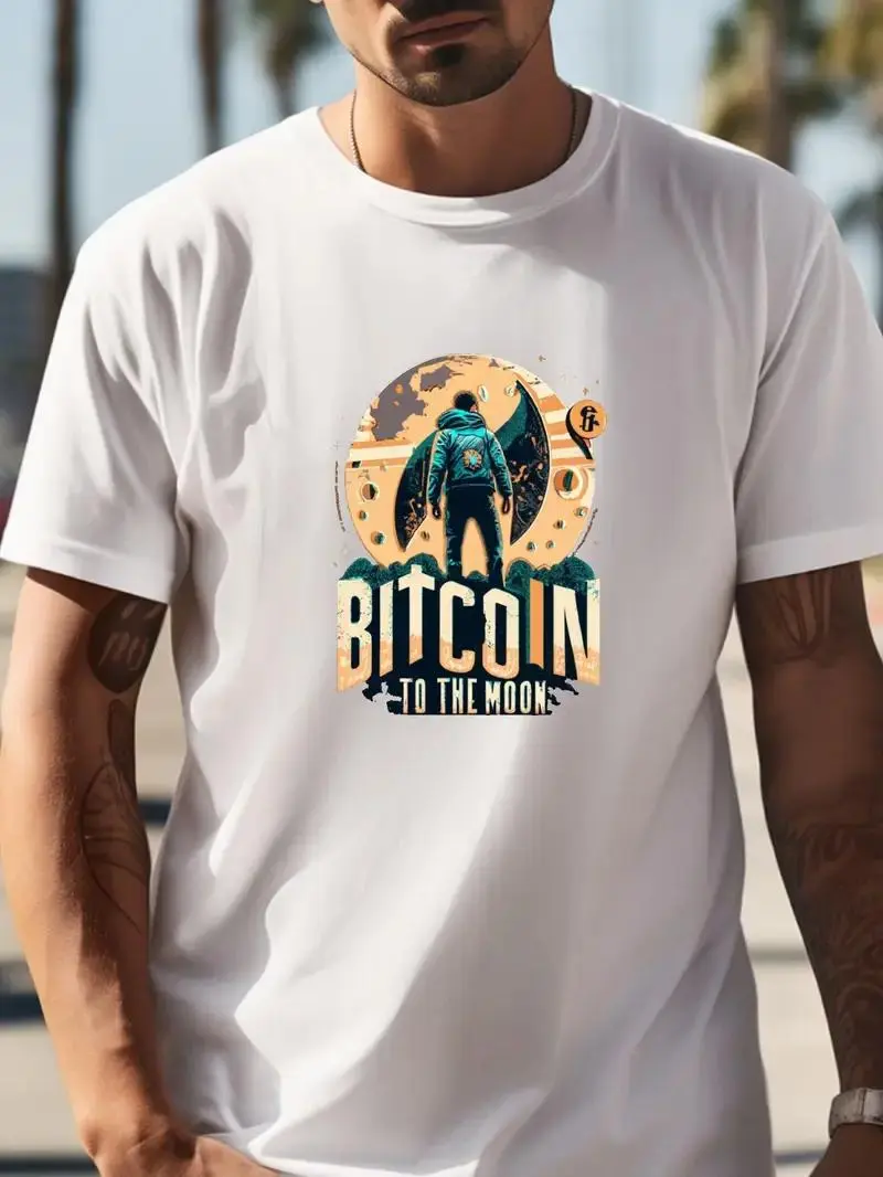 Men's Slim Fit Cotton T-Shirt with Bitcoin Moon Print - Casual, Lightweight & Comfortable Round Neck Tee for Summer