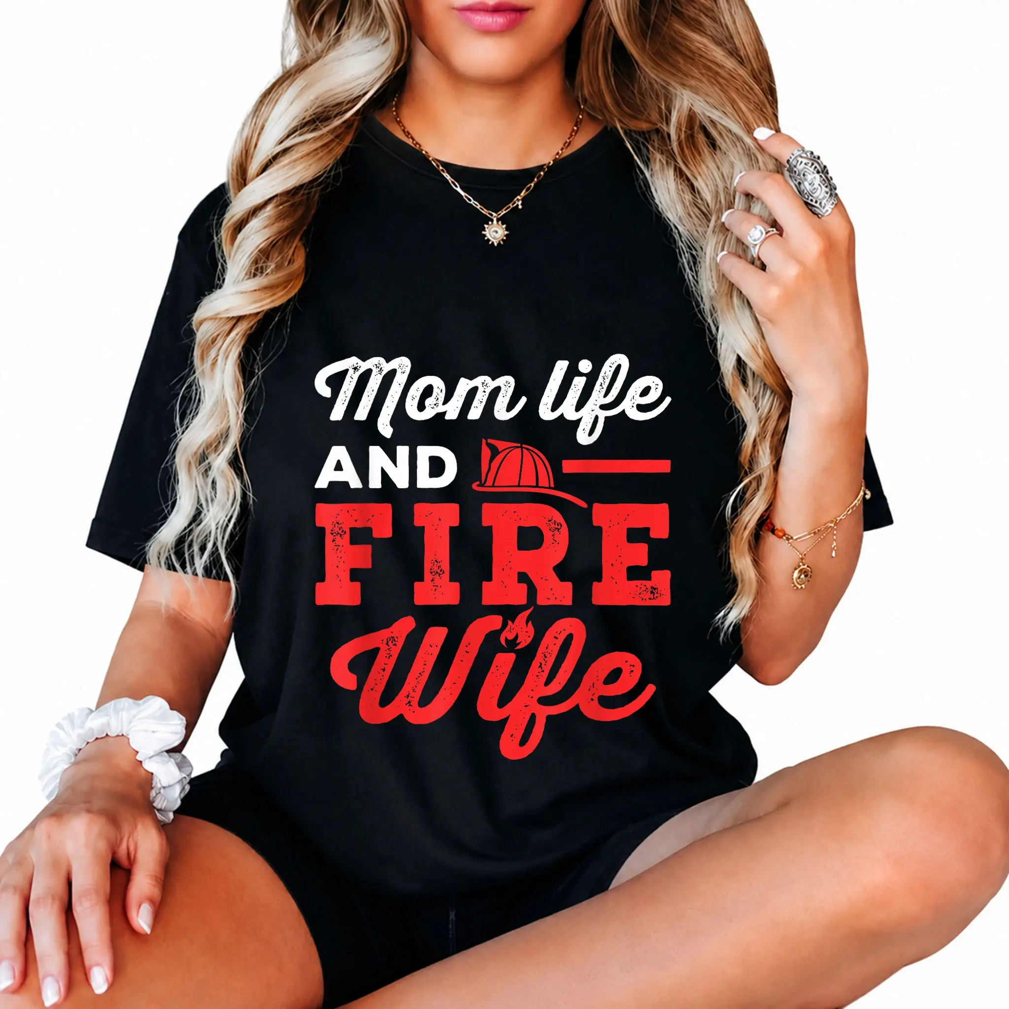 100% Cotton Mom Life and Fire Wife Firefighter Firefighting Spouse Women T-Shirt