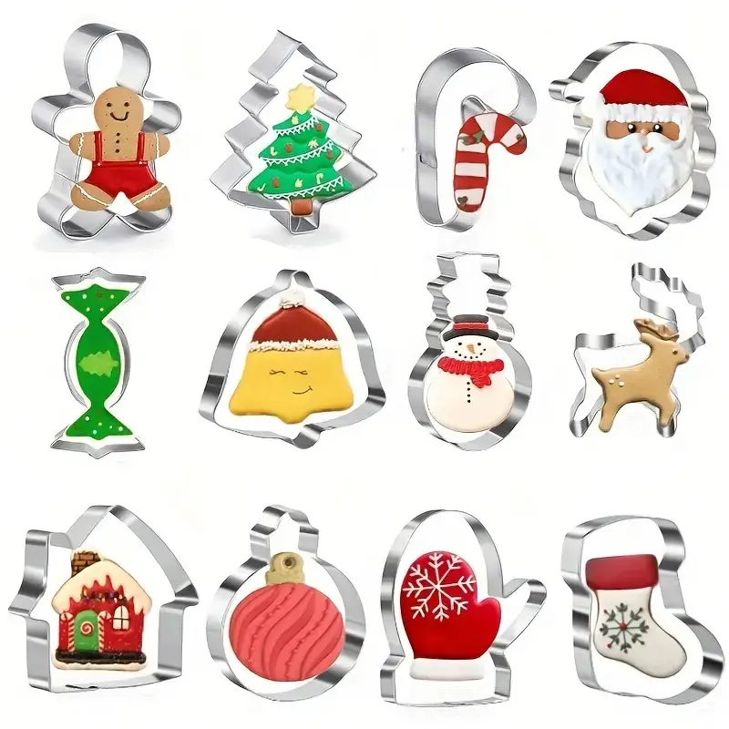 12-Piece Christmas Cookie Cutter Set, Stainless Steel Baking Molds, Gingerbread Man, Candy House, Reindeer, Holiday Baking Tools