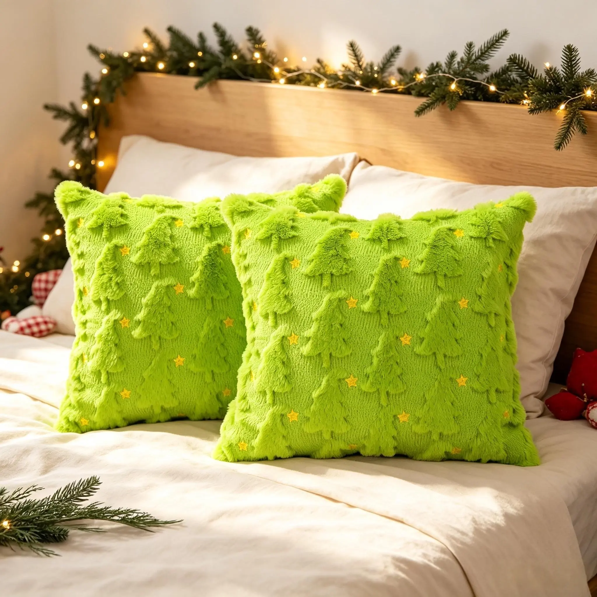 Christmas Pillow Covers Christmas Decorative Green Tree Plush pillowcase 18x18 Inch 2 Pack, Soft Fluffy for Sofa Couch Home Christmas Decor