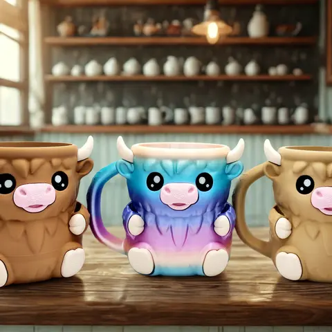 Weifair3D Cow 3D Printed Ceramic Ice Cream Caddy Cup - 16oz, Hidden Snack Drawer, 2-Spoon Hooves, Pull-Tail Treats, Thermal Warm Hand Grip, Washable Reusable, Layer Textures, Novelty Coffee Mug Holder, Animal-Themed Kitchen Utensil