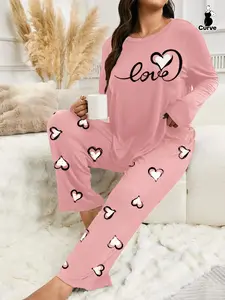 Plus Size Women's Heart Print Long Sleeve Pajama Set, Casual Fitted Sleepwear, Pajamas Sets, Comfortable Home Wear for Fall & Winter