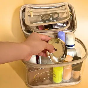 Travel Makeup Bags - Clear Toiletry Bag with Top Compartment & Built-in Organizer for Cosmetics & Accessories TSA Approved