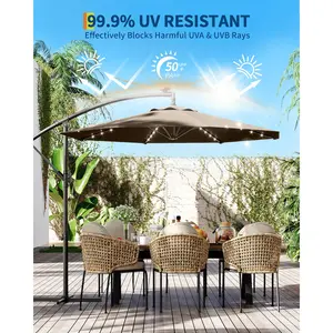 Solar Powered LED Lighted 10FT Cantilever Offset Umbrella, Heavy Duty Fade Resistant Outdoor Sun Shade with Infinite Tilt & Easy Lift System, Stable Cross Base Patio Umbrella for Pool, Deck and Backyard Leisure