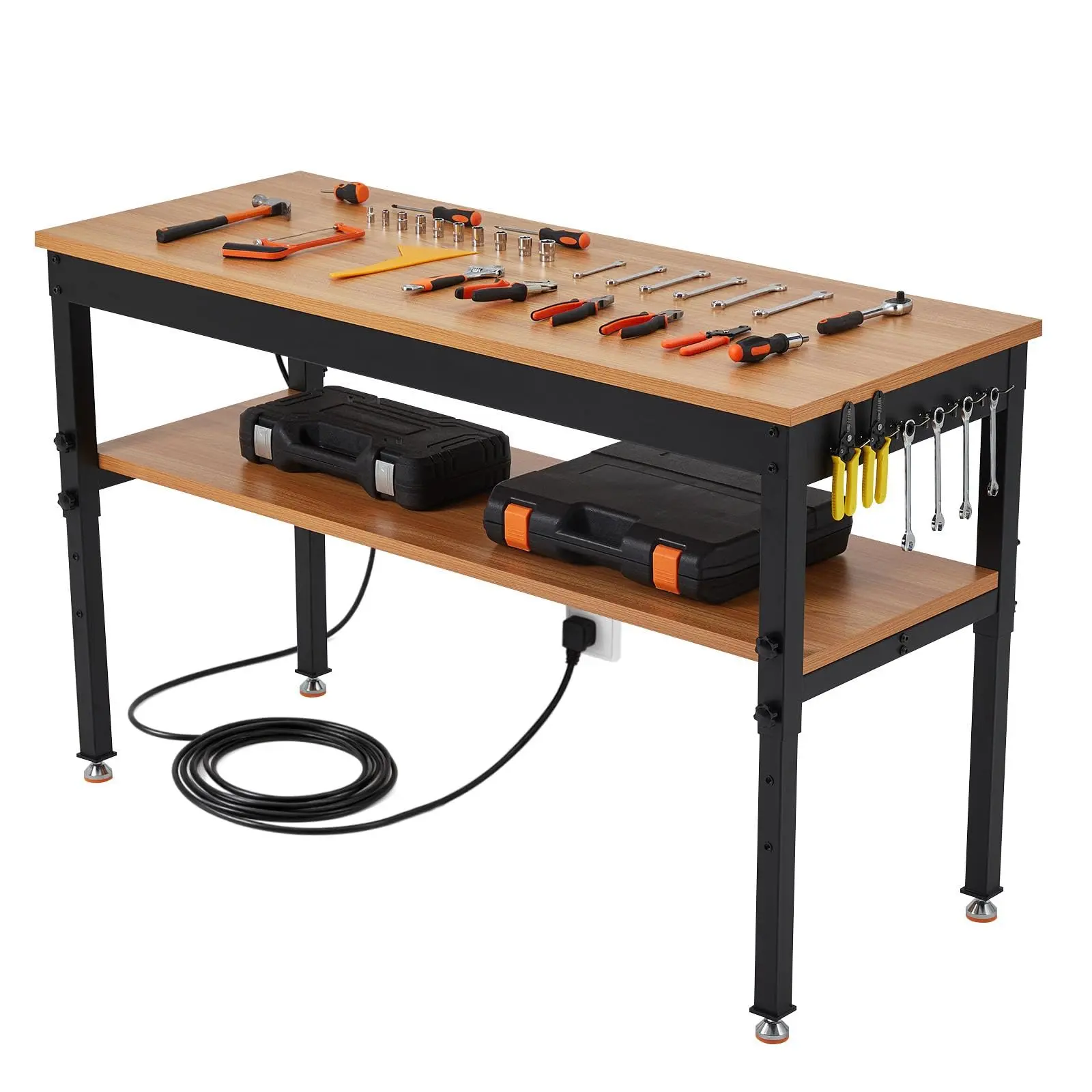 60" Adjustable Workbench with Storage Shelf & Power Outlet, Heavy-Duty 60 x 24 in Work Bench, 2500 LBS Load Capacity for Garage, Workshop & Home