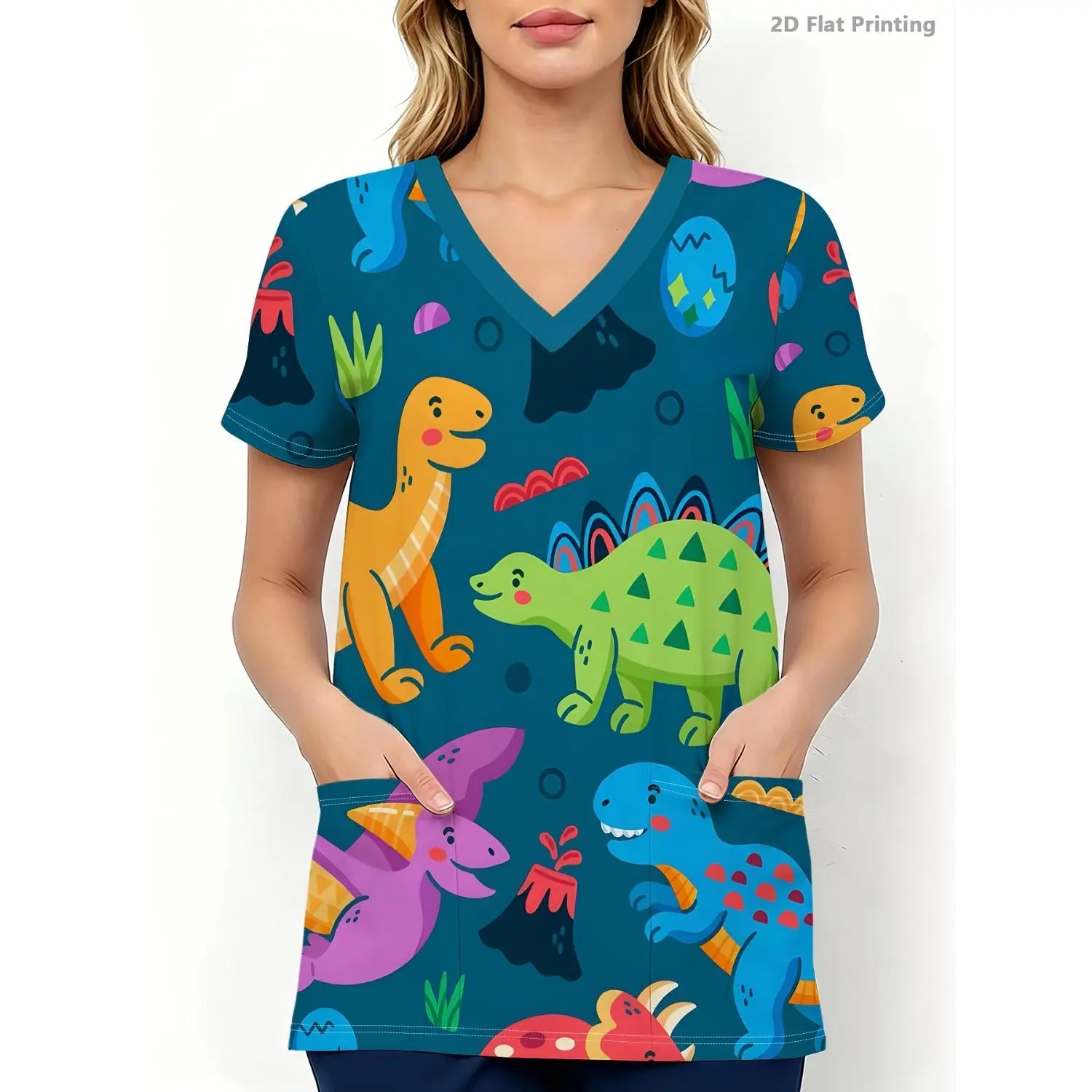 V-Neck Women's Short-Sleeved Top with Cute Colorful Dinosaur Print