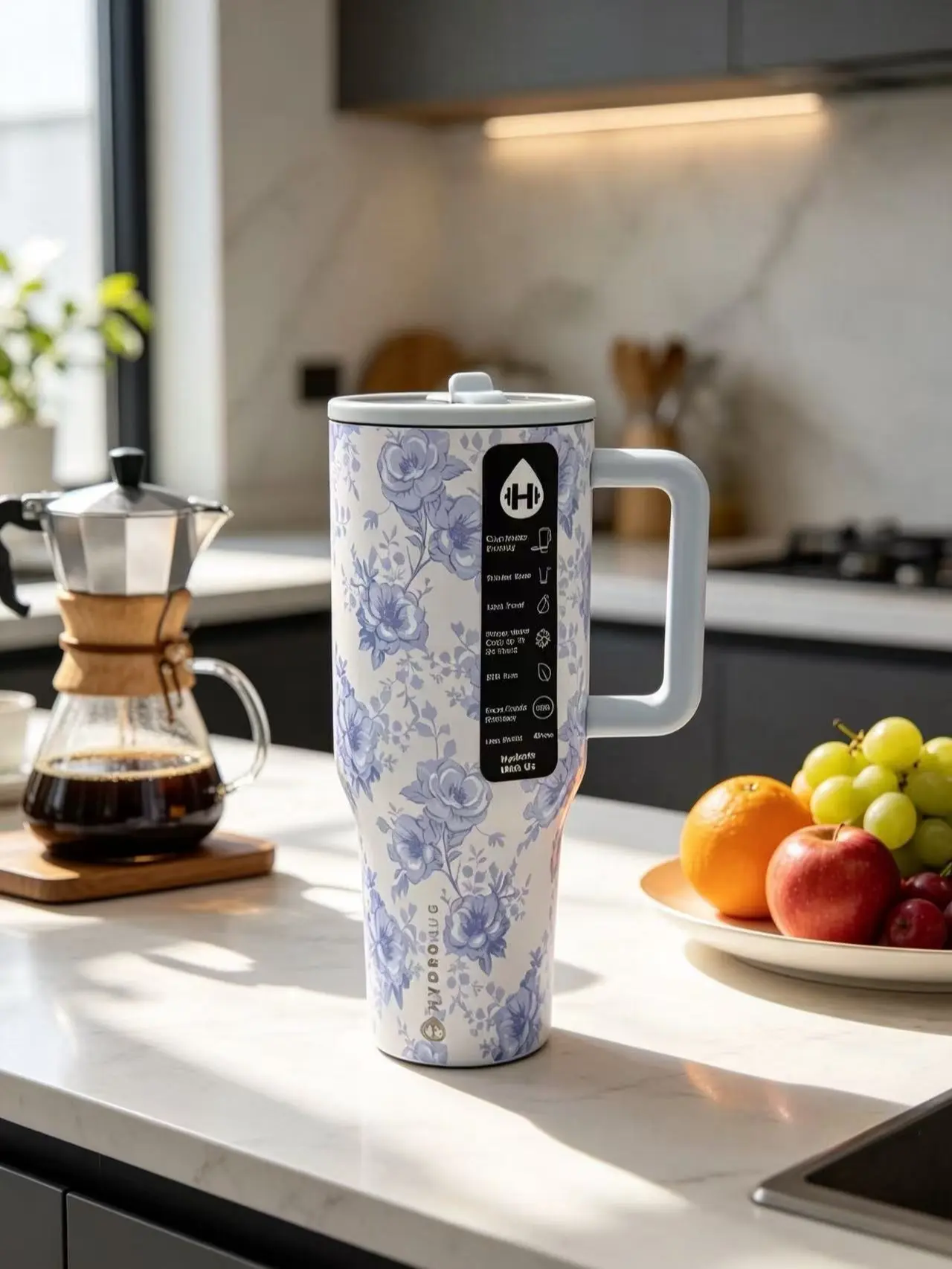 40 oz Insulated Light Blue Rose Floral Print Water Bottle with Handle and Flip Lid, Fits Car Cup Holders, Ideal for Office & Commuting Use Drinkware Tumbler Mug Bottled Portable Reusable Washable