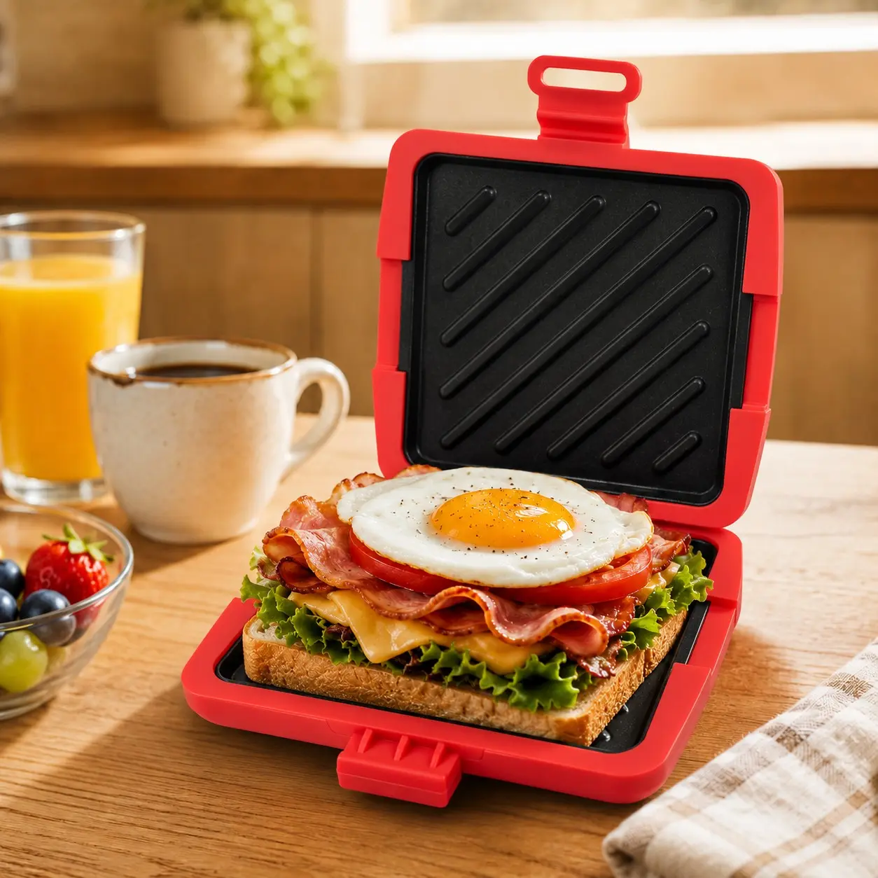 Upgraded Microwave Gourmet Sandwich Maker & Panini Press, Microwave Grill Toaster with Integrated Silicone Strap, Removable Non-Stick Plates, Crispy Grilled Cheese Maker for Breakfast, Snacks, Dorm, Office, RV, Home
