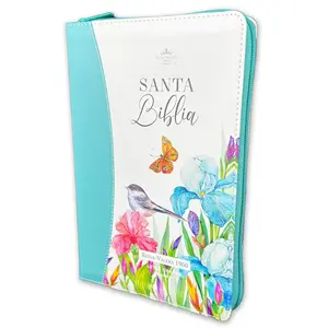 Bible in Spanish with Zipper 12 Point Large Font Reina Valera 1960 Imitation Leather Floral Turquoise with Index