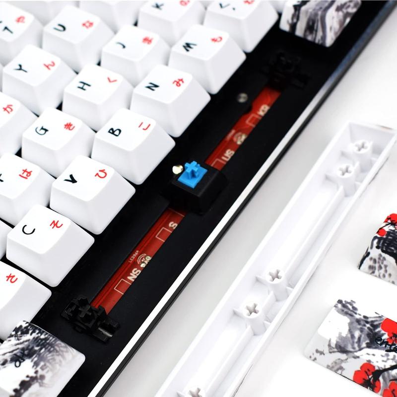 Plum Blossom Keycaps 71 Set for Gaming Mechanical Keyboard Custom PBT OEM Profile Japanese Font with Keycap Puller for Cherry MX 71/61 60 Percent Keyboard