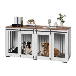 VEVOR 72 Dog Crate Furniture for 2 Dogs, Double Dog Crate Furniture with Double Sliding Doors, Large Dog Crate TV Stand with Removable Tray, Steel Frame Double Dog Crate for Small, Medium, Large Dogs White