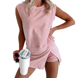 Women's Casual 2 Piece Mineral Wash Cotton Tank Top and Lined Split Skirt Set in Solid Color - Womenswear, Clothes, Fit Basic