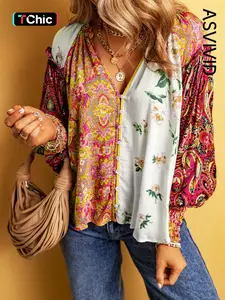 Women's Floral Print Frill Trim Shirred Notched Blouse, Boho Romantic Sleeve, Boho Bishop Sleeve Button Front Top for Spring & Fall, Women's Clothing for Daily Wear