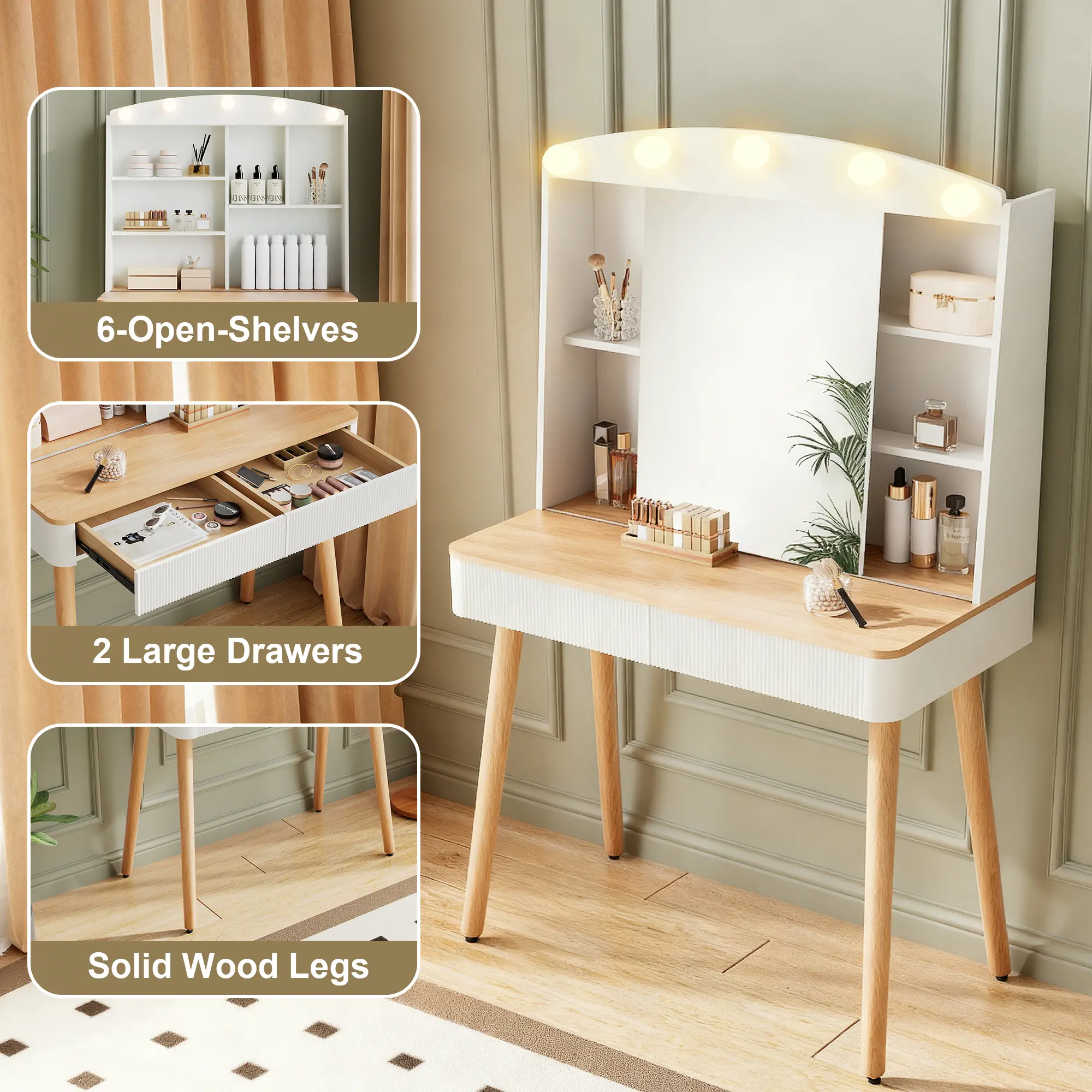 Bellemave Compact LED-Integrated Makeup Vanity Desk Furniture - Backlit Sliding Mirror, 2 Fluted Drawers, Large-Capacity Storage, 3 Lighting Colors, Foldable Cosmetic Organizer, White, Space-Saving, Stylish Drawer-Style Makeup Vanity, Stylish Makeup Vanit