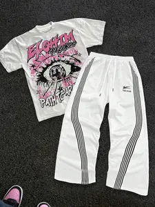 Men's Streetwear Fashion Eye Print Top & Striped Straight Leg Pants Set Outfit, Casual Comfortable for All Seasons
