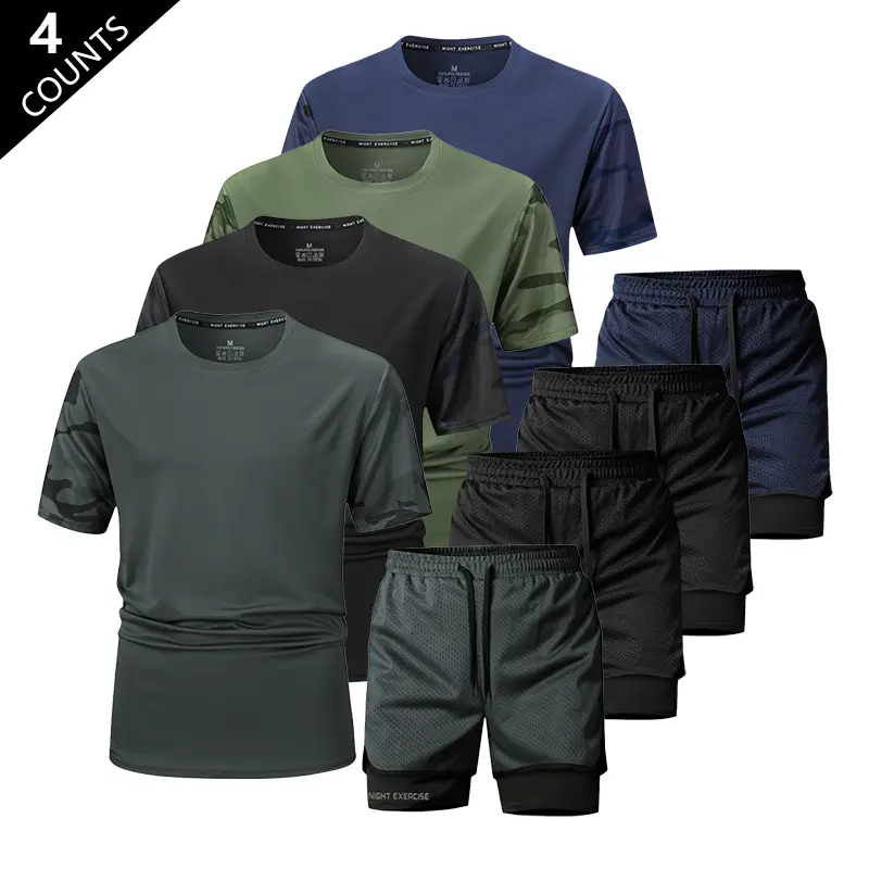 Men’s summer short-sleeve sports set featuring a camouflage spliced-sleeve T-shirt made from quick-drying, breathable fabric. It dries quickly after workouts—ideal for running, fitness, basketball, and everyday training.
