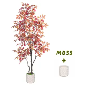 Casvik 6ft/7ft Artificial Red Oak Tree, Tall Faux Autumn Plant with Adjustable Wired Branches, Realistic Silk Fake Potted Tree with White Planter & Moss for Living Room Corner Decor