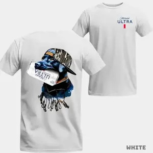 Michelob Ultra Hunting Dog Graphic T-Shirt, Features Blue Labrador Wearing Camo Cap Holding Michelob Ultra Can With Hunting Gear Illustration On Back, Beer Brand Outdoor Theme Unisex Casual Tee, Apparel Gift For Beer Lovers, Top Menswear Streetwear Casual