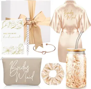 Irenare Bamboo 8-Piece Champagne Bridesmaid Proposal Gift Set - Robe, Makeup Bag, Cup, Cards, Hair Tie, Bracelet, Diamond Pen in Wedding Gift Box