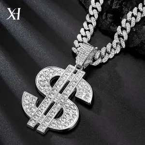 Iced Out Dollar Sign Pendant Necklace, Hip Hop Cuban Chain for Men
