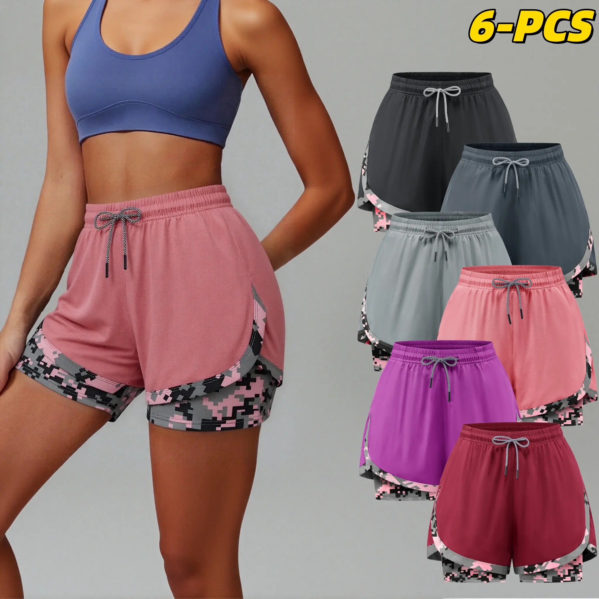6-piece set of women's casual athletic shorts A> with built-in liner, drawstring, elastic waistband; suitable for outdoor sports, fitness, running, and casual wear; women's shorts, athletic shorts, womenswear