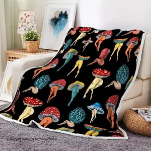 Funny Mushroom Pattern Blanket, Colorful Soft Throw Blanket, Cool Bedroom Accessories Bedding Blanket, Air-conditioned Warm Nap Blanket for Home & Office