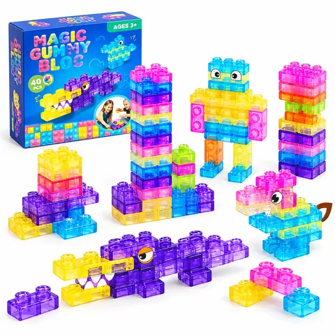 Soft Gummy Building Blocks 40 Piece Set, Colorful Transparent Squishy Stacking Bricks for Creative Construction Play, Ages 3+