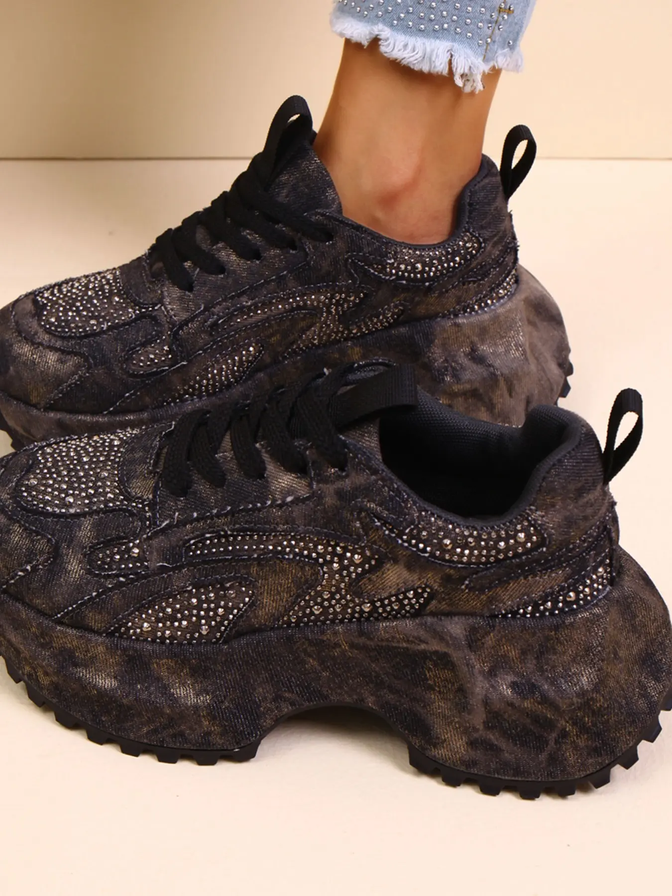 Trendy Rhinestone Jean Sneakers, Women's Thick Sole Height-Boosting Dad Shoes, 2026 Summer Breathable Fashion Casual Shoes, Glitter Design Sneakers, Thick Soled Sneakers