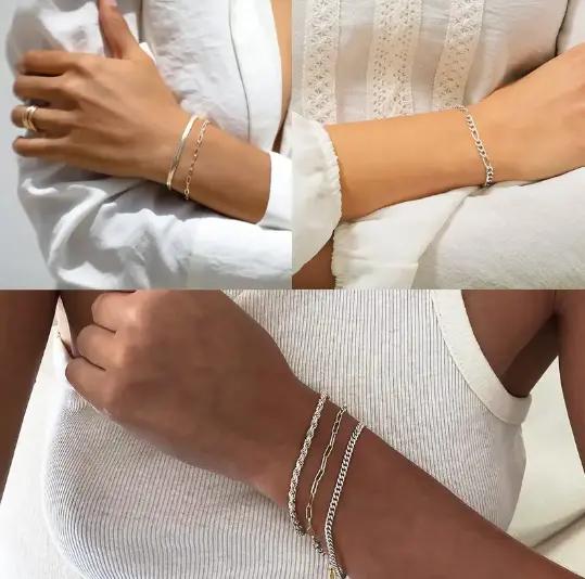 5PCS Waterproof 14K Real hypoallergenic Gold Jewelry Set for Women – Trendy Thin Dainty Stackable Cuban Link, Paperclip Chain Bracelet Pack, Fashion Accessories Gifts for Women non-tarnish Christmas Gift, Elegant Jewelry Bracelet, Gold Bracelet