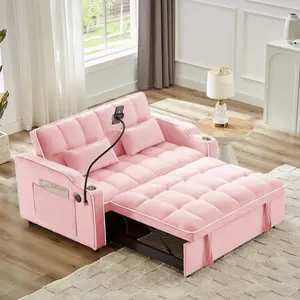 High end high-quality new style sofa furniture,1 versatile foldable sofa bed in 3 lengths, modern sofa sofa sofa velvet pull-out bed, adjustable back and with USB port and ashtray and swivel phone stand (pink), Ideal for Living Room or Bedroom