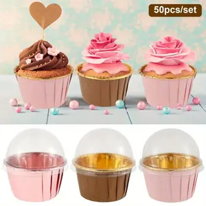 50pcs Foil Cupcake Liners Portable Heat Resistant Aluminum Cake Cups Non-stick Round Aluminum Muffin Liners Bakeware Easy to Use