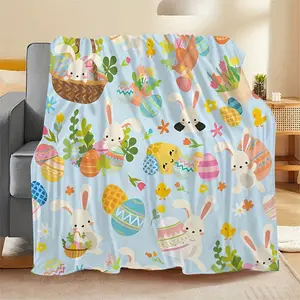 [Cozy Comfort] Adorable Easter Bunny and Egg Seamless Flannel Throw Blanket - Contemporary Style, All-Season Comfort, Multipurpose Use, Light Blue with Colorful Easter-Themed Patterns, Cozy Polyester Fabric, Perfect for Home Decor, Rabbit