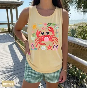 Comfort Colors Crab Blowing Bubble Tank Top, Coastal Nautical Tank Top Summer Trending Gift For Her, Cotton Fabric