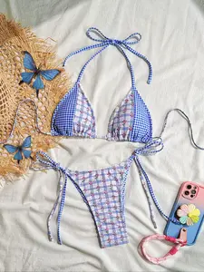New color-blocked plaid with lace choker tie-style triangle bikini top set; fresh and sexy swimsuit for women on the beach in summer
