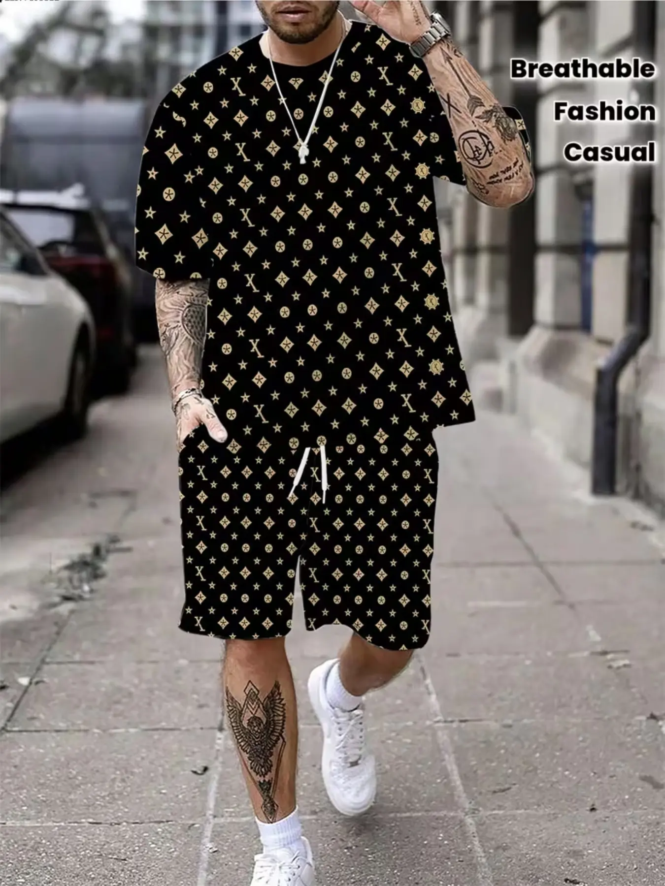 Men's Summer Casual Sport Set, Fashion Geometric Print Round Neck Short Sleeve T-Shirt, Five-Quarter Track Shorts, Breathable Fabric Fitness Wear, Menswear