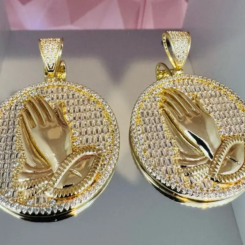 Unique. Praying hands. Medallion Pendant. Gold filled. Stainless steel. Zirconia. Set of two