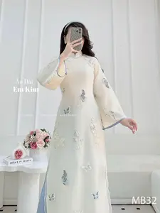 Ao Dai Viet nam| Light blue cream Ao Dai butterfly  B32 | Ao Dai for Women| Lunar New Year