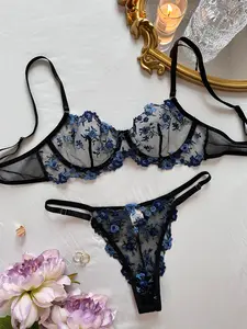 Christmas gift Sexy And Elegant Combination Breathable Mesh Black Embroidered Bra Underwear Set Floral Womenswear Lace Vneck