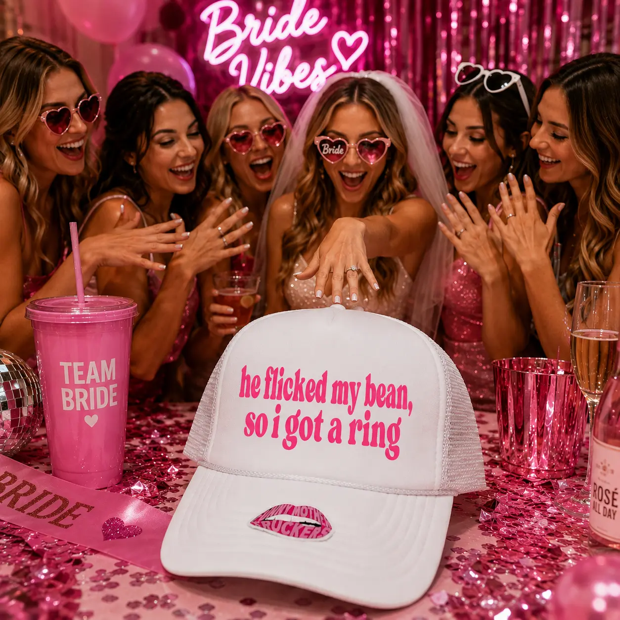 HE FLICKED MY BEAN, SO I GOT A RING TRUCKER HAT, Bold Graphic Hats, Main Character