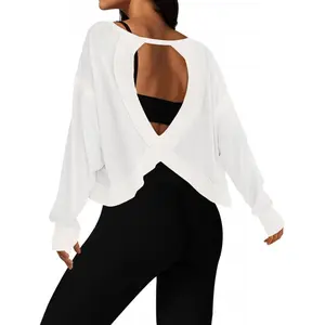Open Back Workout Tops for Women Long Sleeve Cropped Athletic Clothes Gym Running Yoga Low Impact Sports T Shirts 2026