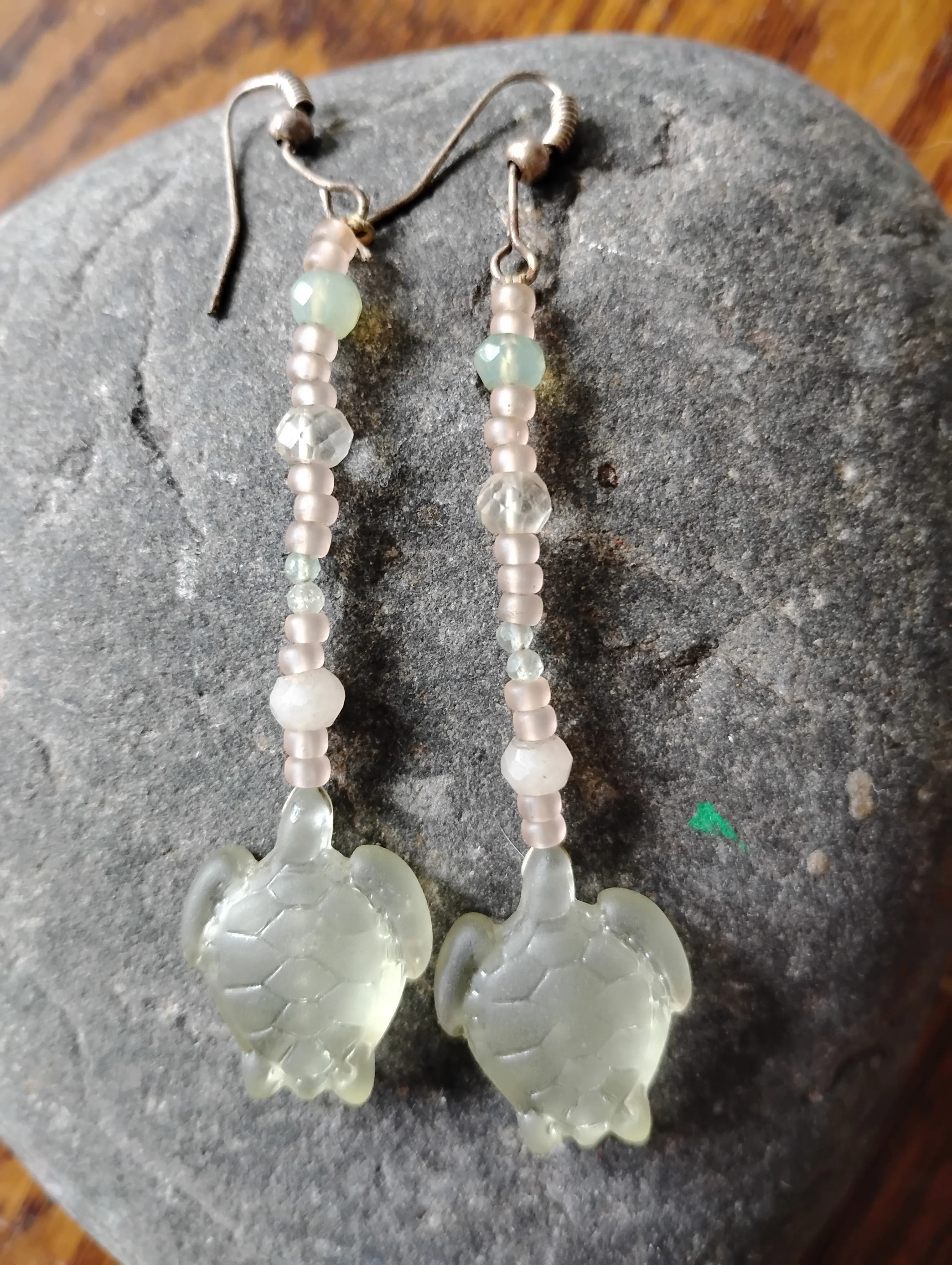 Handmade Beaded Sea Glass Turtle Earrings for Women Unique Coastal Jewelry Gift