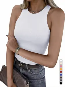 Womens Tank Tops High Neck Sleeveless Ribbed Tank Casual Basic Thick Strap Slim Fitted Racerback Shirts