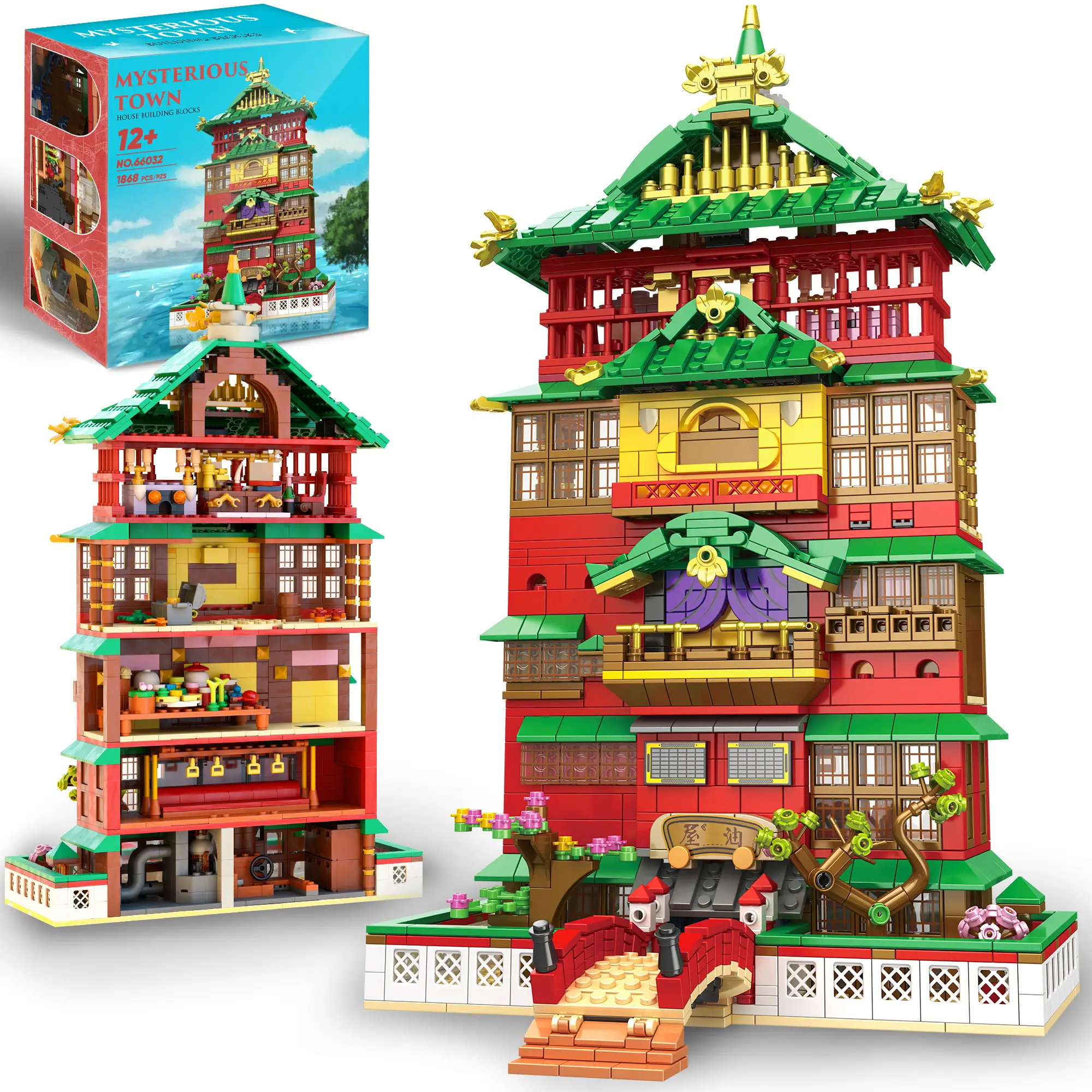 【TOKMOC】66032,1868 Pieces,5-Story Shower Architecture Building Block Set With Characters,Oil house Style,Bridge connection,BoilerRoom,BathingArea, Pal