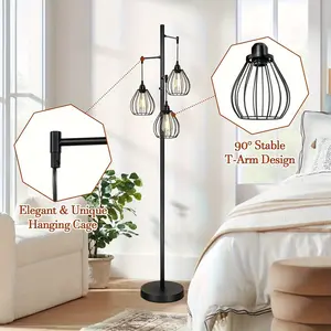 2024 Dimmable Floor Lamp, Farmhouse Industrial Standing Lamp With 3 PCS 7W LED Edison Bulbs & 3 Light Elegant Teardrop Cage Heads, Black Rustic Tree Tall Vintage Pole Lamps For Living Room Bedroom Office