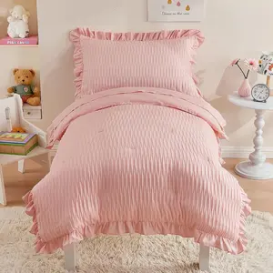 4 Piece Textured Seersucker Toddler Bedding Set Girls Crib Sheets Set Pink Ruffle Baby Bed Comforter Set Lightweight Bed in a Bag| Include Comforter, Flat Sheet, Fitted Sheet, Pillowcase