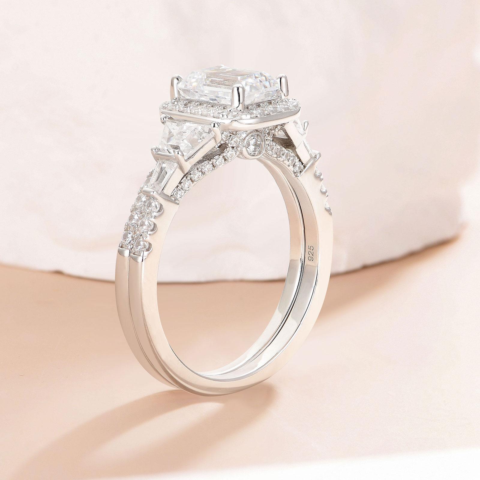 Newshe Wedding Rings for Her AAAAA Cubic Zircon Women's Bridal Sets 925 Sterling Silver Emerald Cut Engagement Ring Size 5-10