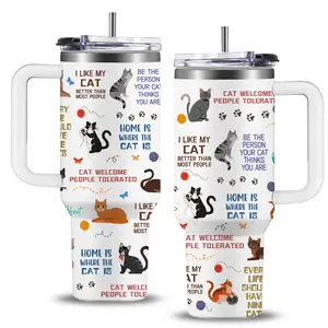 Cute Cat Tumbler 40oz - Cartoon Black Cat Design - Insulated with Handle - Funny Gift for Cat Lovers - Coffee Mug for Women Gift For Christmas