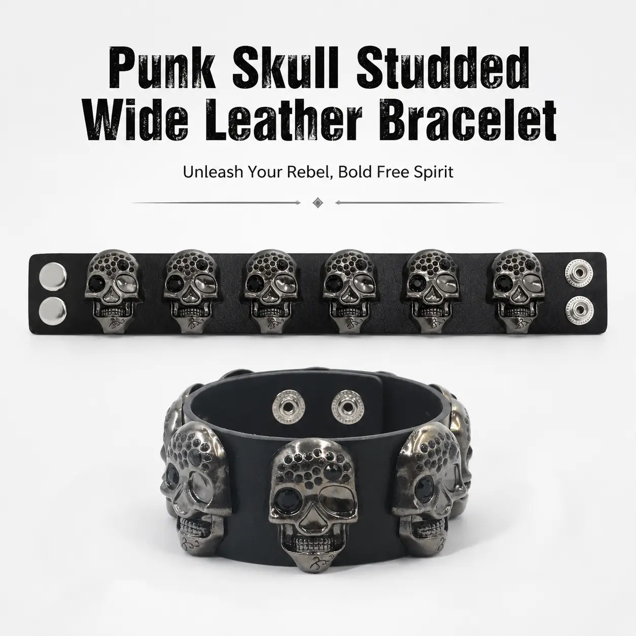 Riveted PU Leather Bracelet, Punk Gothic Statement Jewelry with a Skull Head, Bolt, and Rhinestone Accents, Bolt Skull Head, Daily, Skulls, Original