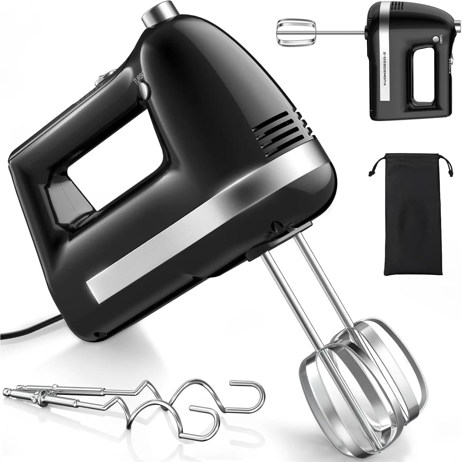 Electric Hand Mixer,  300W Hand Mixer Electric Handheld with 304 Beaters, Dough Hook,Hand Held Mixer with Turbo for Baking Cakes, Eggs, Cream (Black)